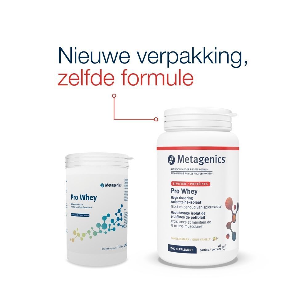 Twee containers, een doos en een fles. Opschrift: Metagenics, Pro Whey. Tekst: Nieuwe verpakking, zelfde formule.