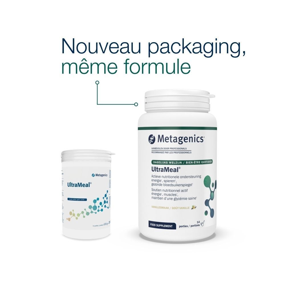 Deux contenants blancs. Inscription: Ultrameal, Metagenics. Texte: Nouveau packaging, même formule. Fond blanc.
