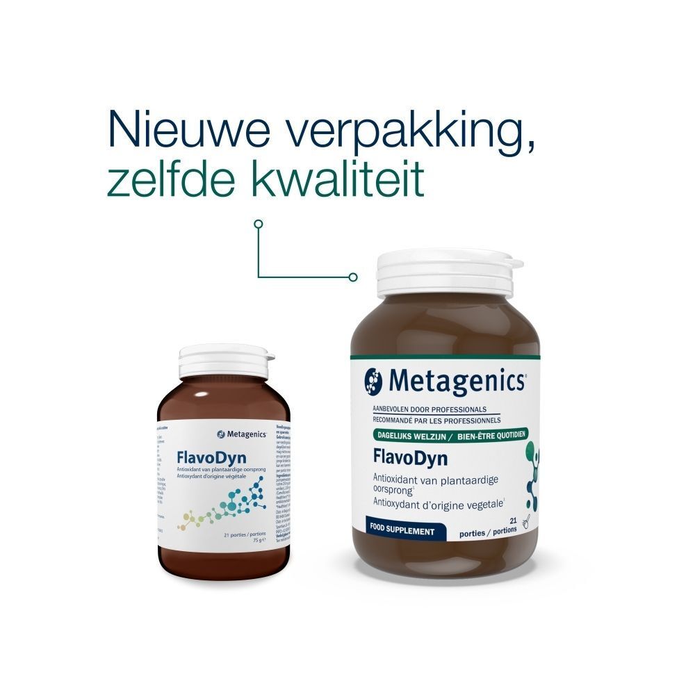 Twee flessen, een kleine, een grote. Op de grote fles staat "Metagenics" en "FlavoDyn".
