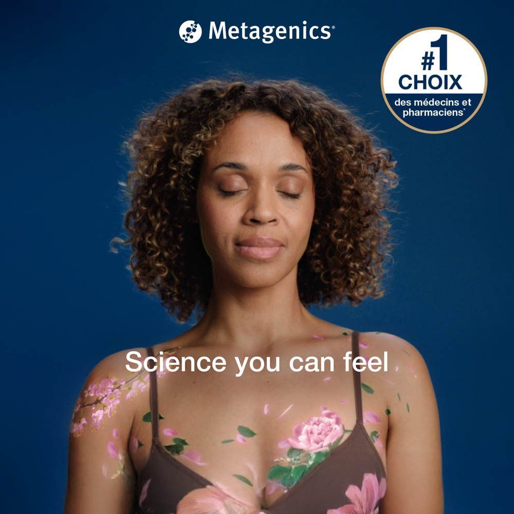 Une femme aux yeux fermés, des fleurs sur la poitrine. En haut à gauche "Metagenics", à droite "#1 CHOIX".