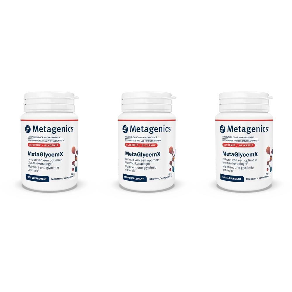 Drie witte flessen MetaGlycemX van Metagenics. Opschrift: Voedingssupplement. Bevat 60 tabletten.