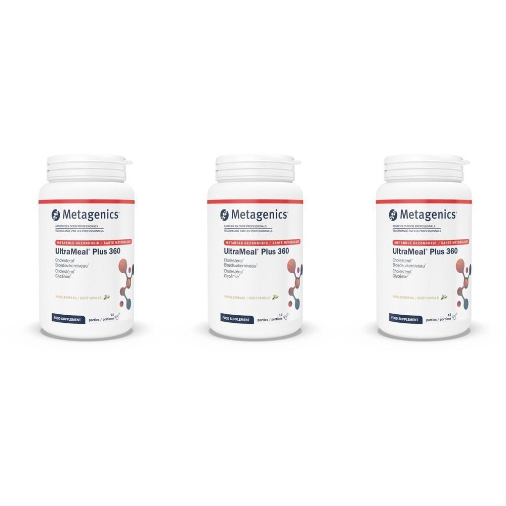 Trois flacons blancs avec lettrage rouge. Inscription : Metagenics, UltraMeal Plus 360. Composition et informations nutritionnelles.