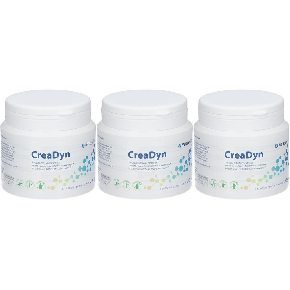 Trois pots blancs CreaDyn avec couvercles. Inscription CreaDyn et autres informations. 33 portions.