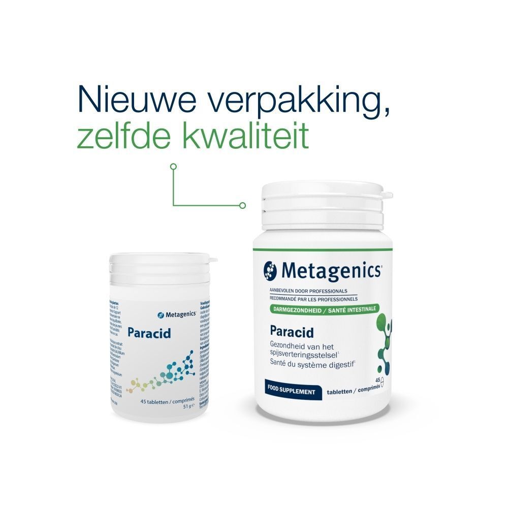 Twee flessen, een kleine, een grote. Opschrift: Metagenics, Paracid. Tekst: Nieuwe verpakking, zelfde kwaliteit.