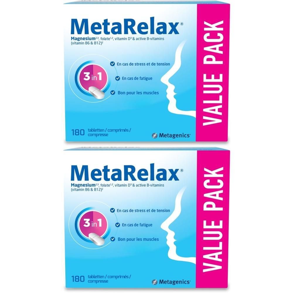Deux boîtes de MetaRelax. Inscription : Magnésium, folate, vitamine D & vitamines B. 180 comprimés. Pack valeur.