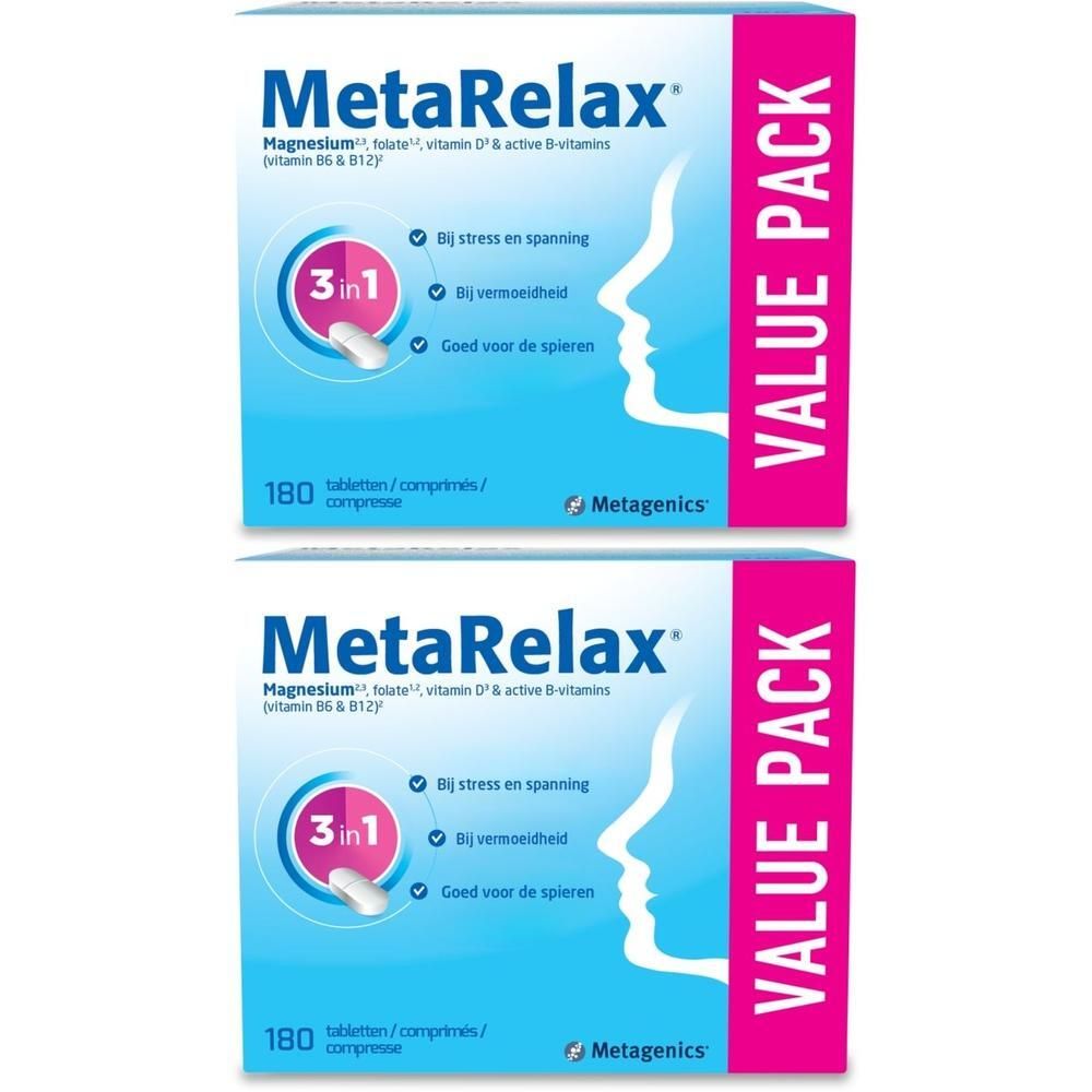 Twee MetaRelax-verpakkingen. Opschrift: Magnesium, folaat, vitamine D & B-vitaminen. 180 tabletten. Voordeelverpakking.