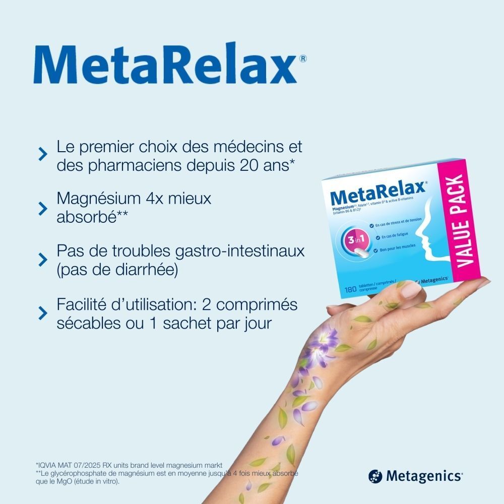 Main avec fleurs. Boîte MetaRelax. Texte : 4x mieux absorbé. 2 comprimés ou 1 sachet par jour.