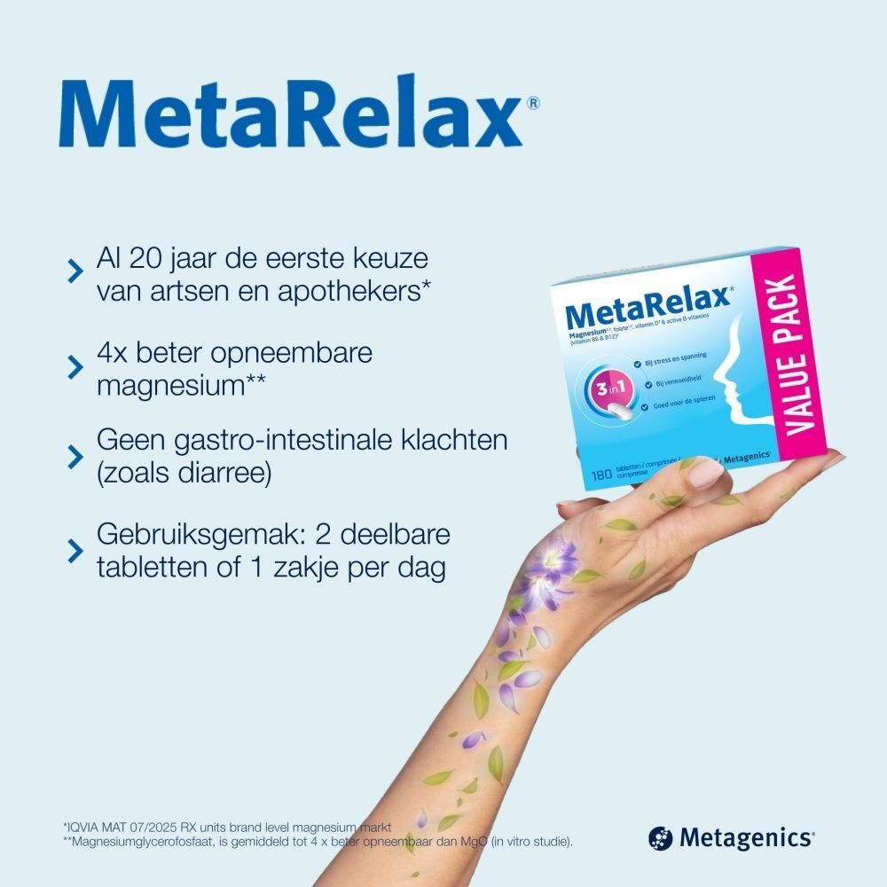 Hand met bloemen. MetaRelax-verpakking. Tekst: 4x beter opneembaar. 2 tabletten of 1 zakje per dag.