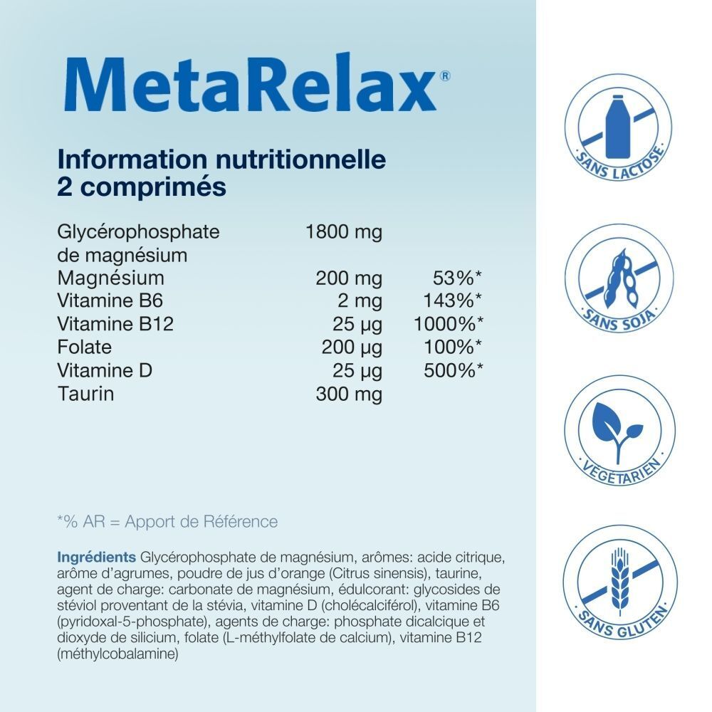 Informations nutritionnelles pour 2 comprimés MetaRelax. Sans lactose, soja, végétarien, sans gluten.