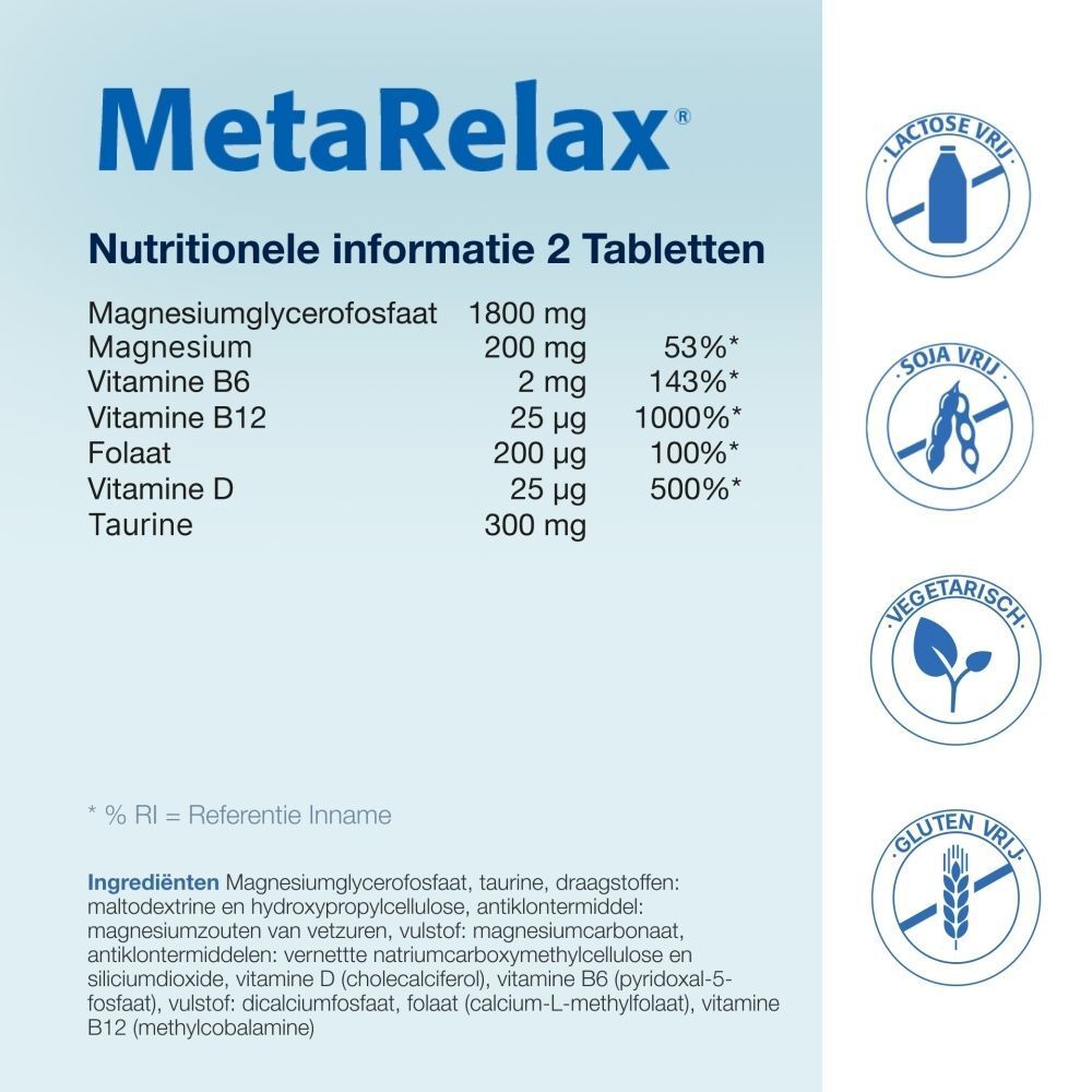 Voedingswaarde-informatie voor 2 tabletten MetaRelax. Lactosevrij, sojavrij, vegetarisch, glutenvrij.