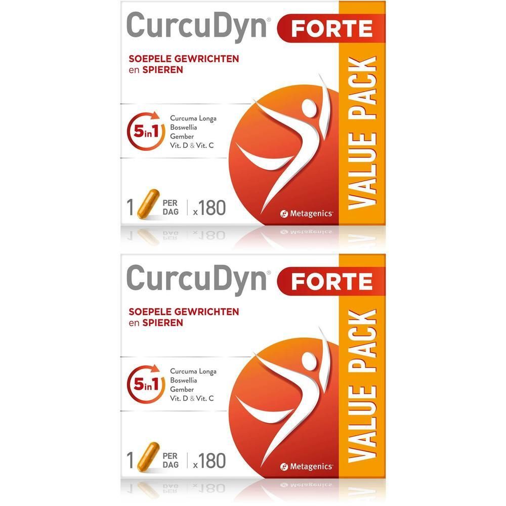 Twee dozen CurcuDyn Forte. Witte doos met rode accenten, gele capsule, tekst.