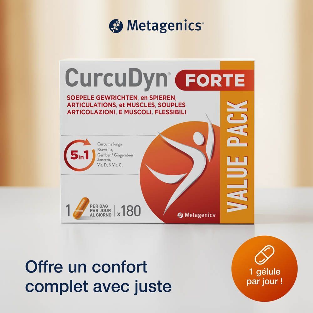 Boîte blanche CurcuDyn Forte, capsule jaune, texte. 1 gélule par jour.