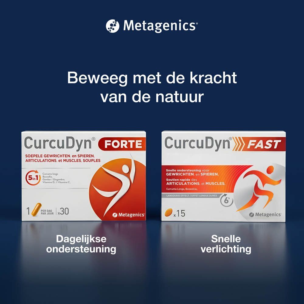 Twee productverpakkingen. Tekst: CurcuDyn Forte en CurcuDyn Fast.