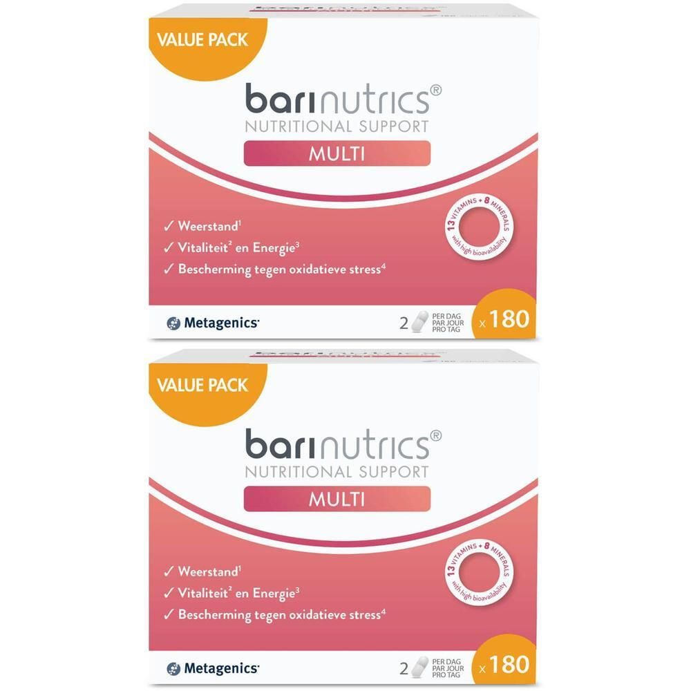 Deux boîtes de BariNutrics Multi. Boîtes blanches avec informations et logos. Inscription: Nutritional Support Multi.