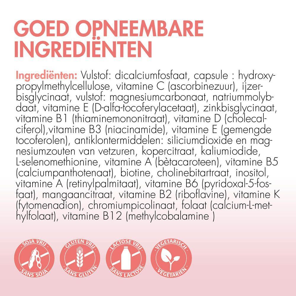 Ingrediëntenlijst van BariNutrics Multi. Bevat diverse vitaminen en mineralen. Logo's: Soja vrij, Gluten vrij, Lactose vrij, Vegetarisch.