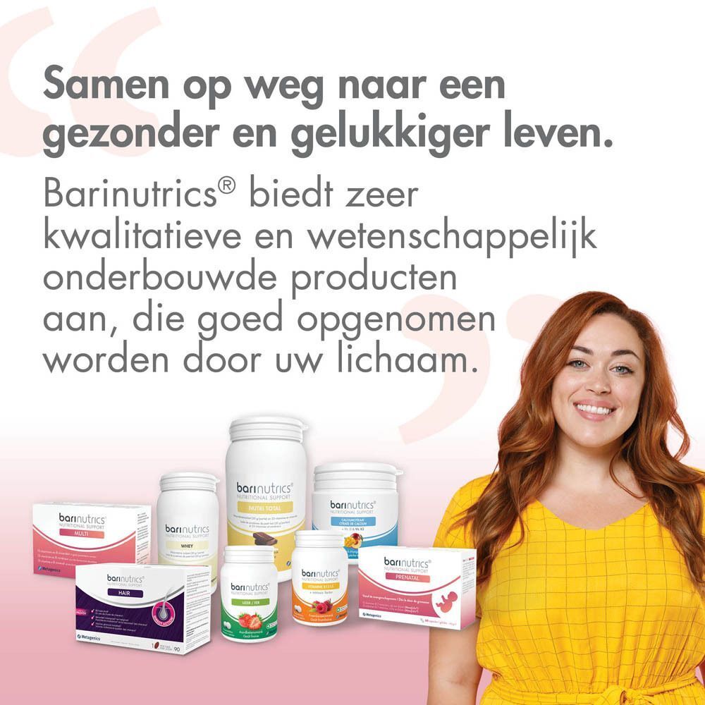 Vrouw met gele top. Op de achtergrond diverse producten van BariNutrics. Tekst: Samen op weg naar een gezonder en gelukkiger leven.