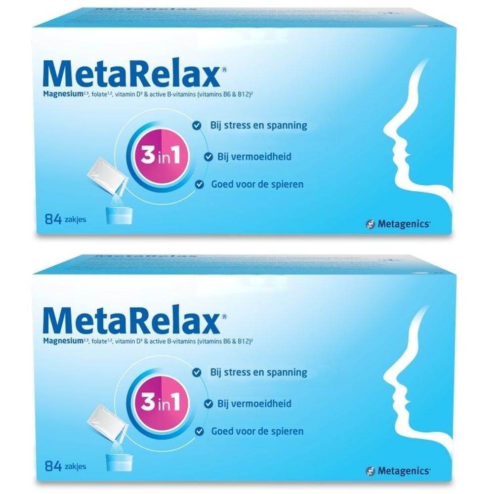 Twee dozen MetaRelax, blauwe dozen met 84 zakjes. Bevat magnesium, folaat, vitamine D & B-vitaminen.