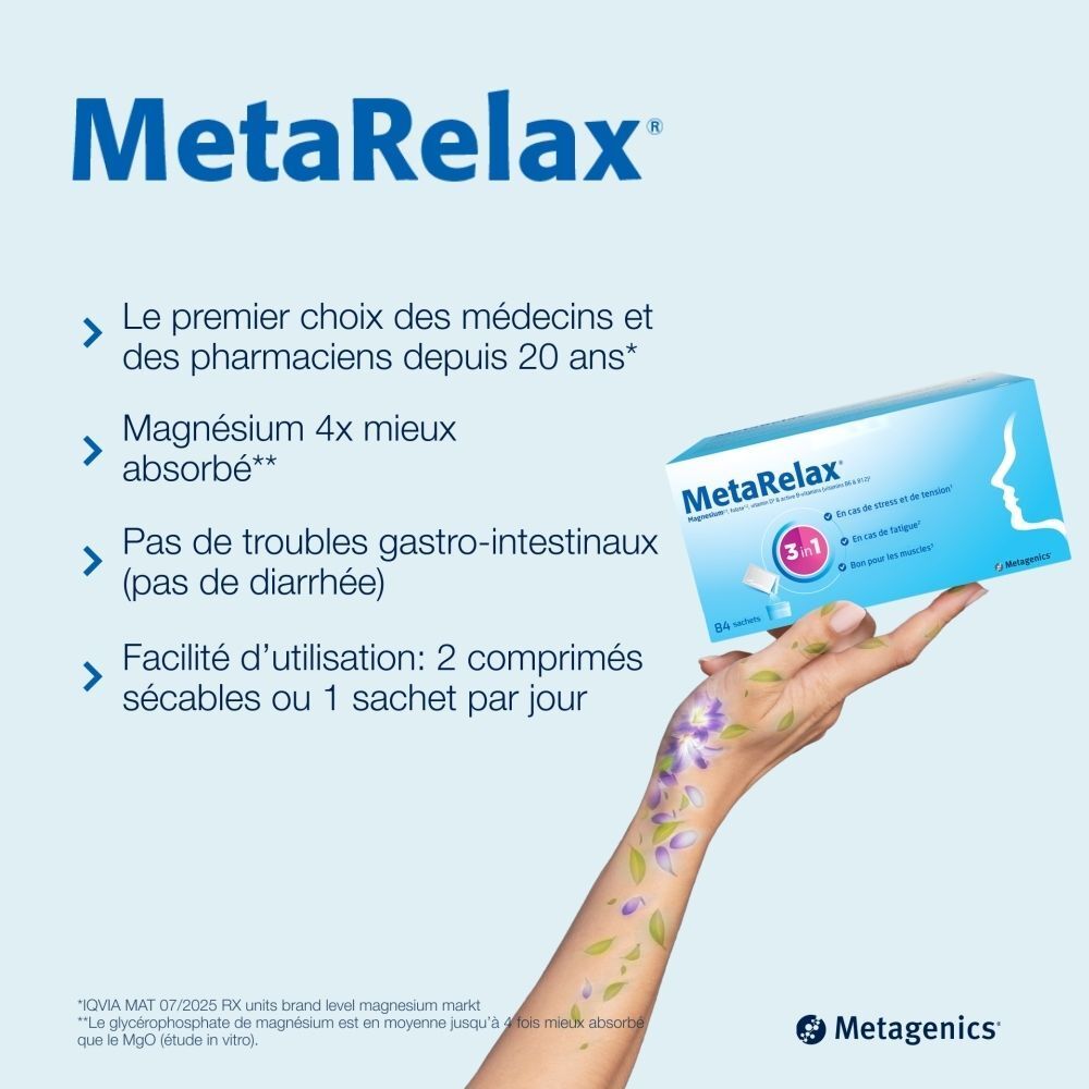 Boîte MetaRelax dans la main. Texte : Premier choix des médecins depuis 20 ans. 4x mieux absorbé. Pas de troubles gastro-intestinaux.