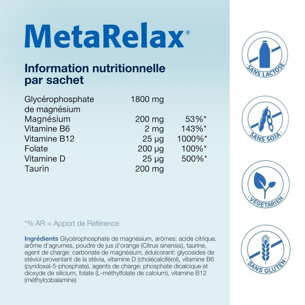 Informations nutritionnelles par sachet. Contient magnésium, vitamine B6, B12, folate, vitamine D et taurine. Sans lactose, soja, végétarien, gluten.