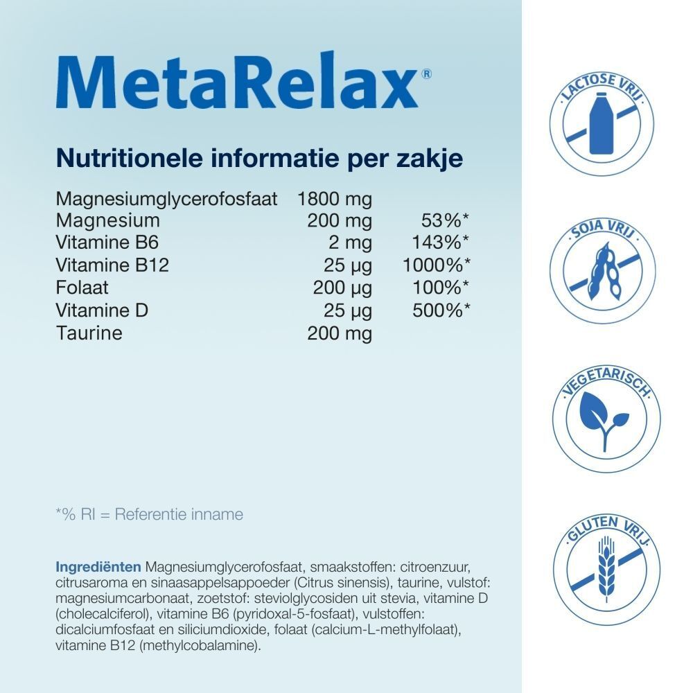 Voedingswaarde per zakje. Bevat magnesium, vitamine B6, B12, folaat, vitamine D en taurine. Lactosevrij, sojavrij, vegetarisch, glutenvrij.