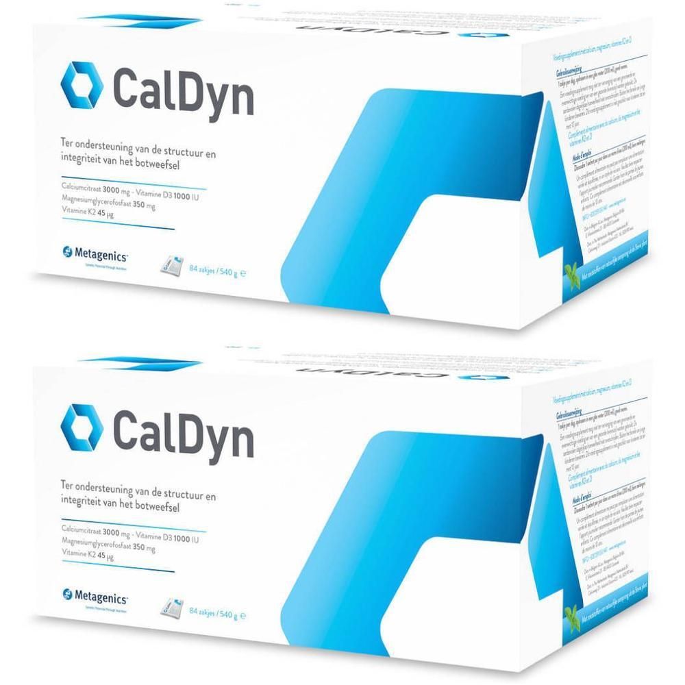 Deux boîtes blanches avec un design bleu. Inscription : CalDyn. Contient des informations sur les ingrédients et le fabricant Metagenics.
