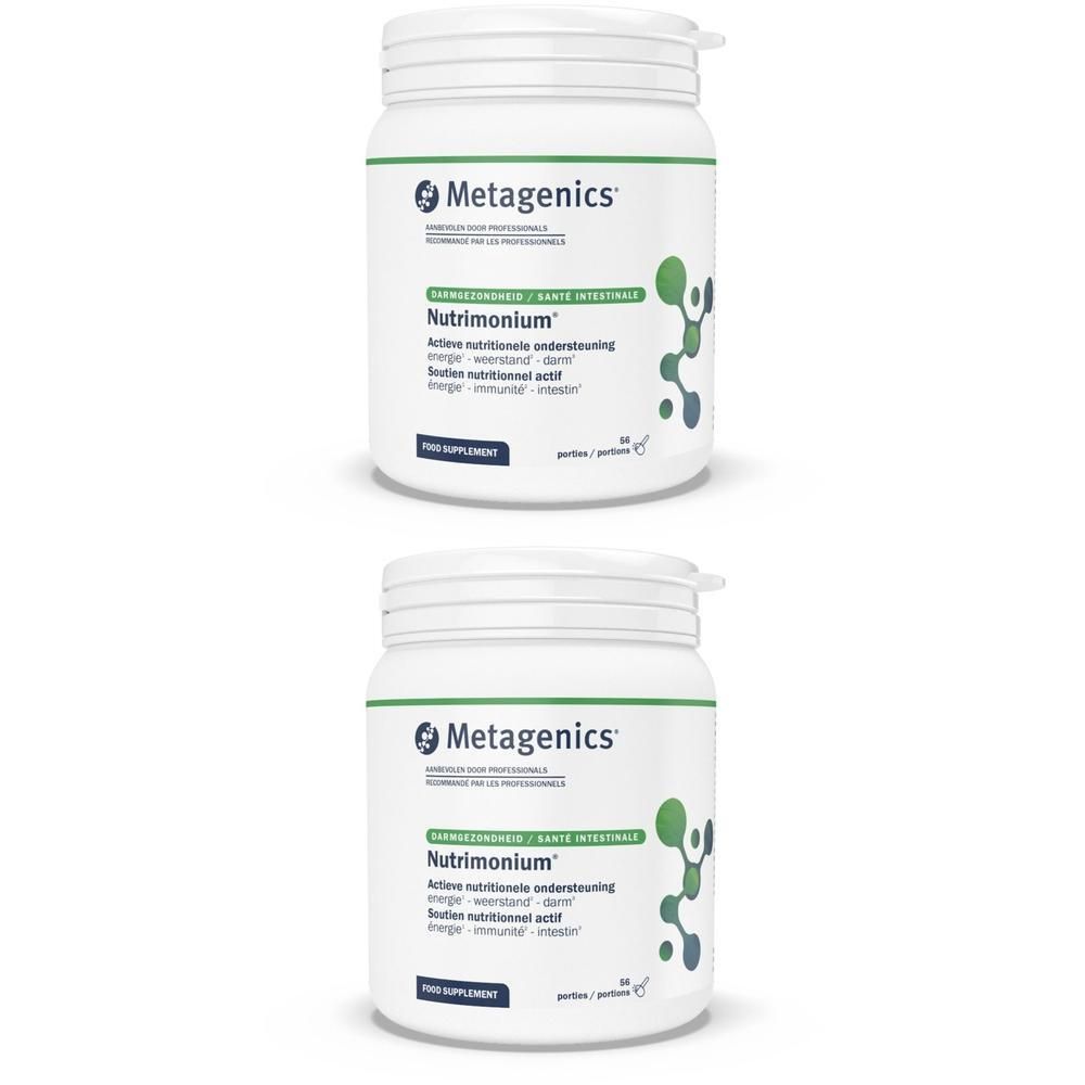 Twee witte potten met groen etiket. Opschrift: Metagenics, Nutrimonium, voedingssupplement.