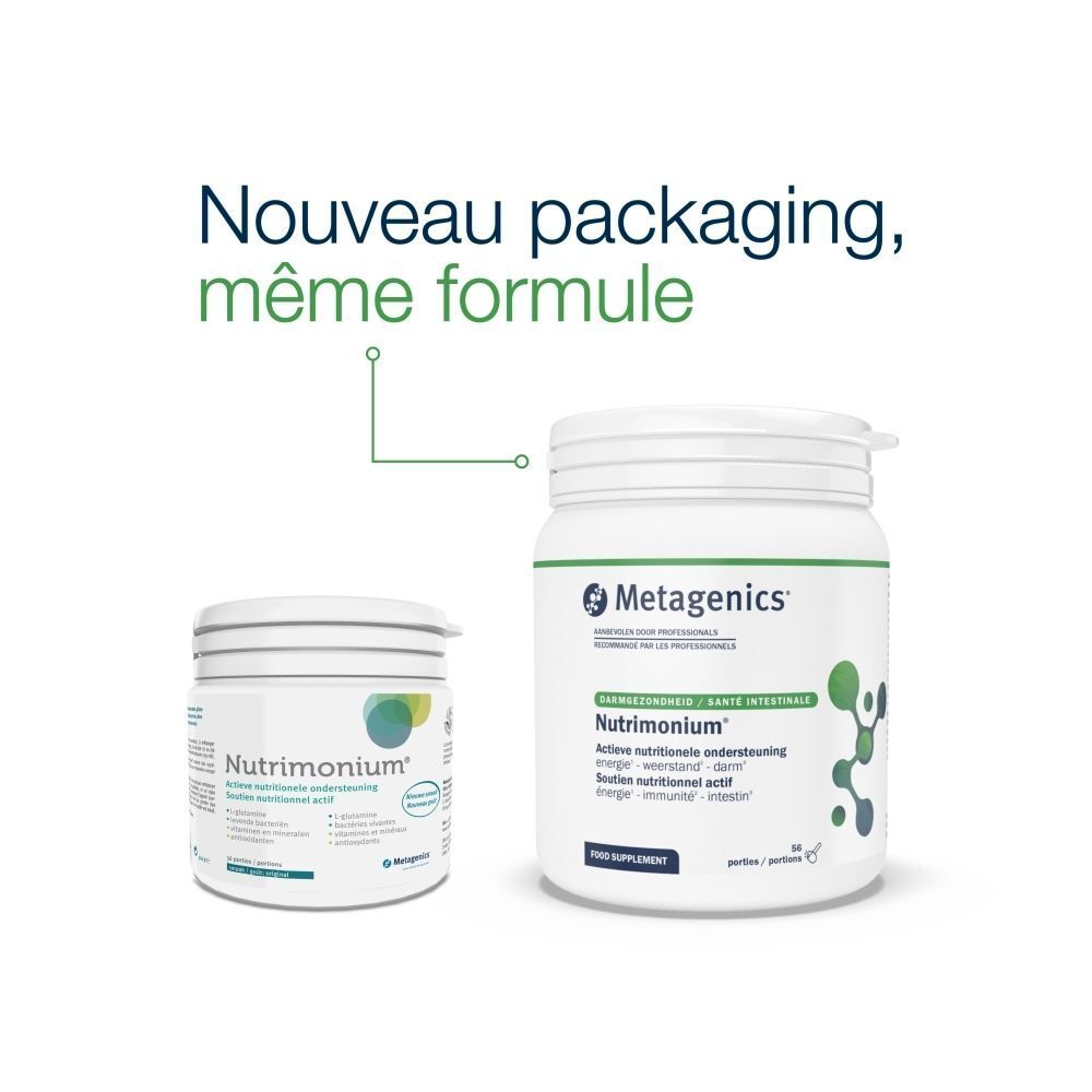 Deux contenants, un petit, un grand. Inscription: Metagenics, Nutrimonium. Texte: Nouveau packaging, même formule.