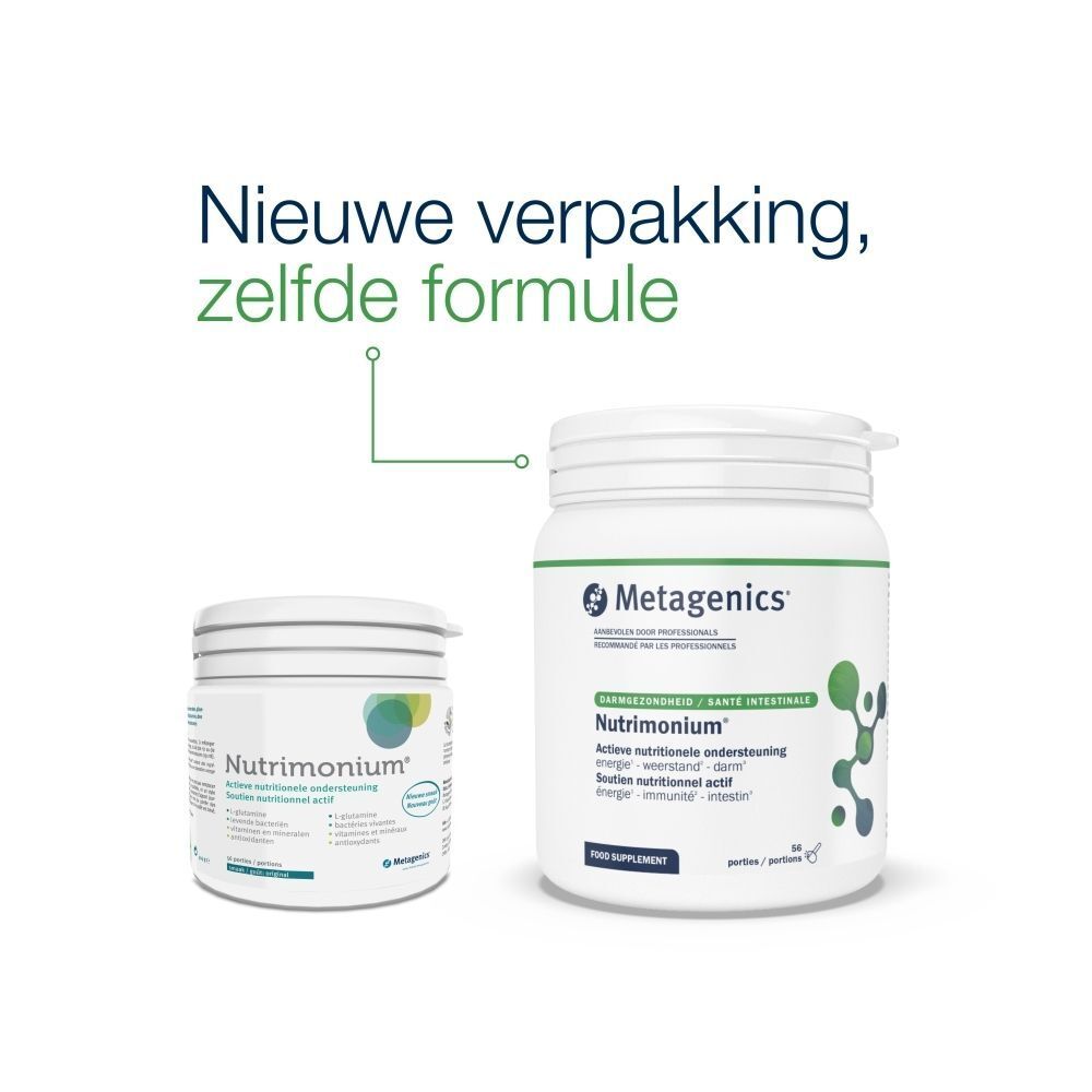 Twee containers, één klein, één groot. Opschrift: Metagenics, Nutrimonium. Tekst: Nieuwe verpakking, zelfde formule.