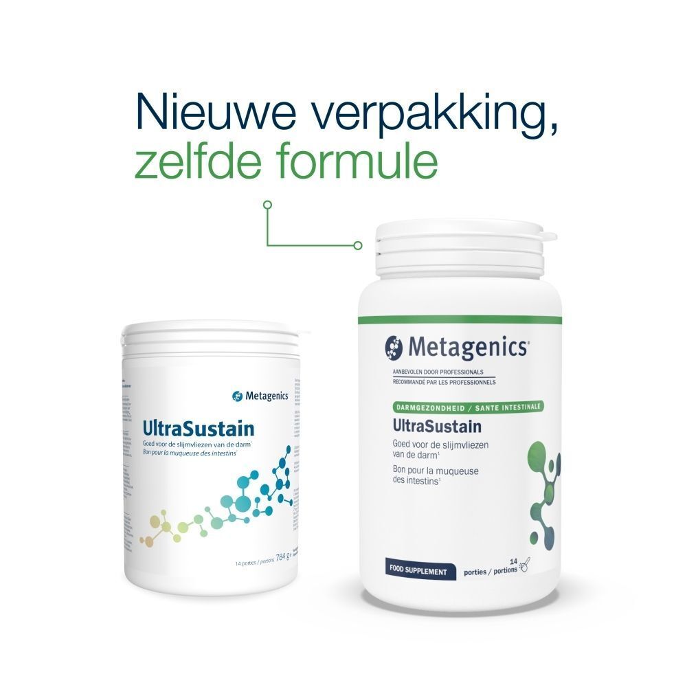 Een pot en een fles Metagenics UltraSustain. Tekst: Nieuwe verpakking, zelfde formule.