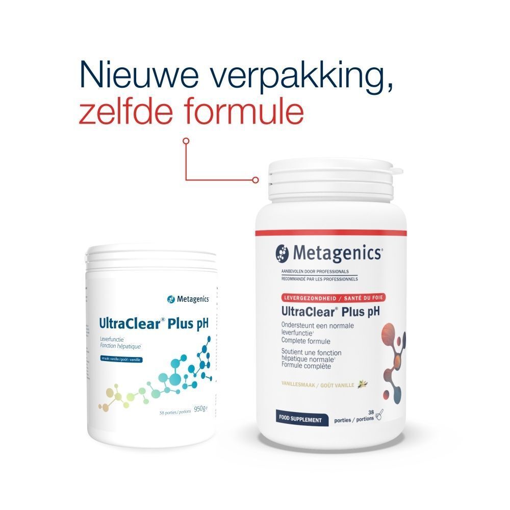Vergelijking van verpakkingen. Een doos en een fles. Opschrift: UltraClear Plus pH. Merk: Metagenics. Nieuwe verpakking, zelfde formule.