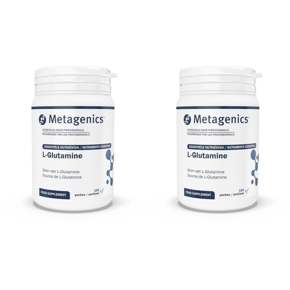 Deux contenants blancs avec étiquette bleue. Inscription: L-Glutamine, Metagenics. 120 portions.
