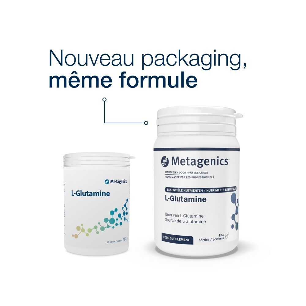 Un contenant blanc et un petit pot. Inscription: L-Glutamine, Metagenics. Texte: Nouveau packaging, même formule.