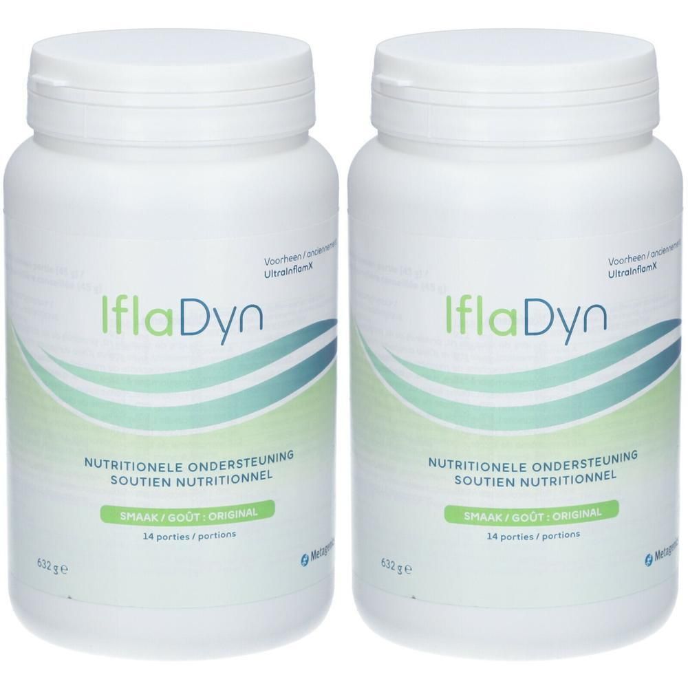 Deux contenants blancs avec couvercles. Inscription IflaDyn, NUTRITIONELE ONDERSTEUNING, SMAAK/GOÛT-ORIGINAL, 14 portions. Éléments bleus et verts.