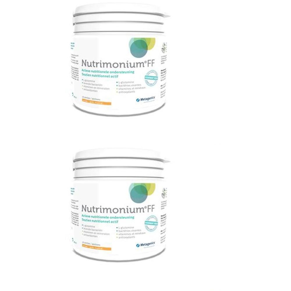 Deux pots blancs avec couvercles. Inscription: Nutrimonium FF. Logo et texte verts et bleus. Certifications visibles.