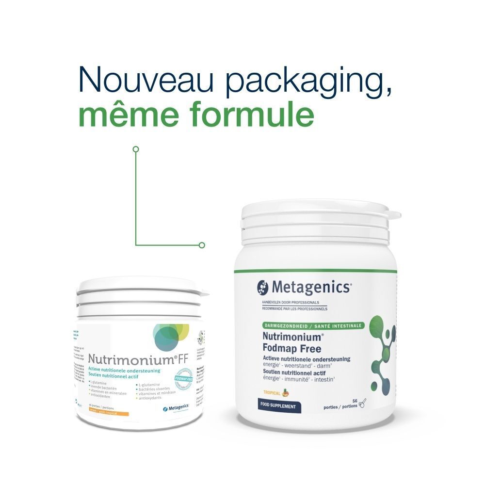 Deux contenants. À gauche: Nutrimonium FF. À droite: Fodmap Free. Texte: Nouveau packaging, même formule. Logos et texte.