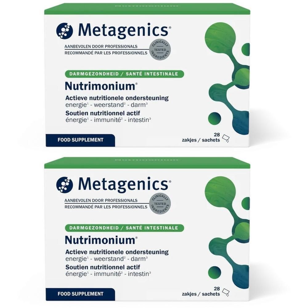 Twee dozen Metagenics Nutrimonium. Opschrift: Darmgezondheid, 28 zakjes. Groen-witte verpakking.