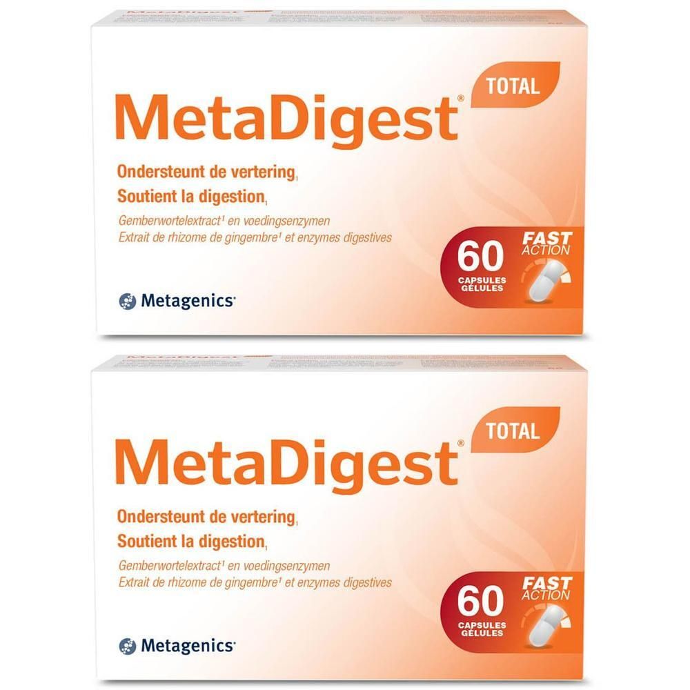 Twee dozen MetaDigest Total. Opschrift: MetaDigest Total, 60 capsules, Fast Action. Merk: Metagenics.
