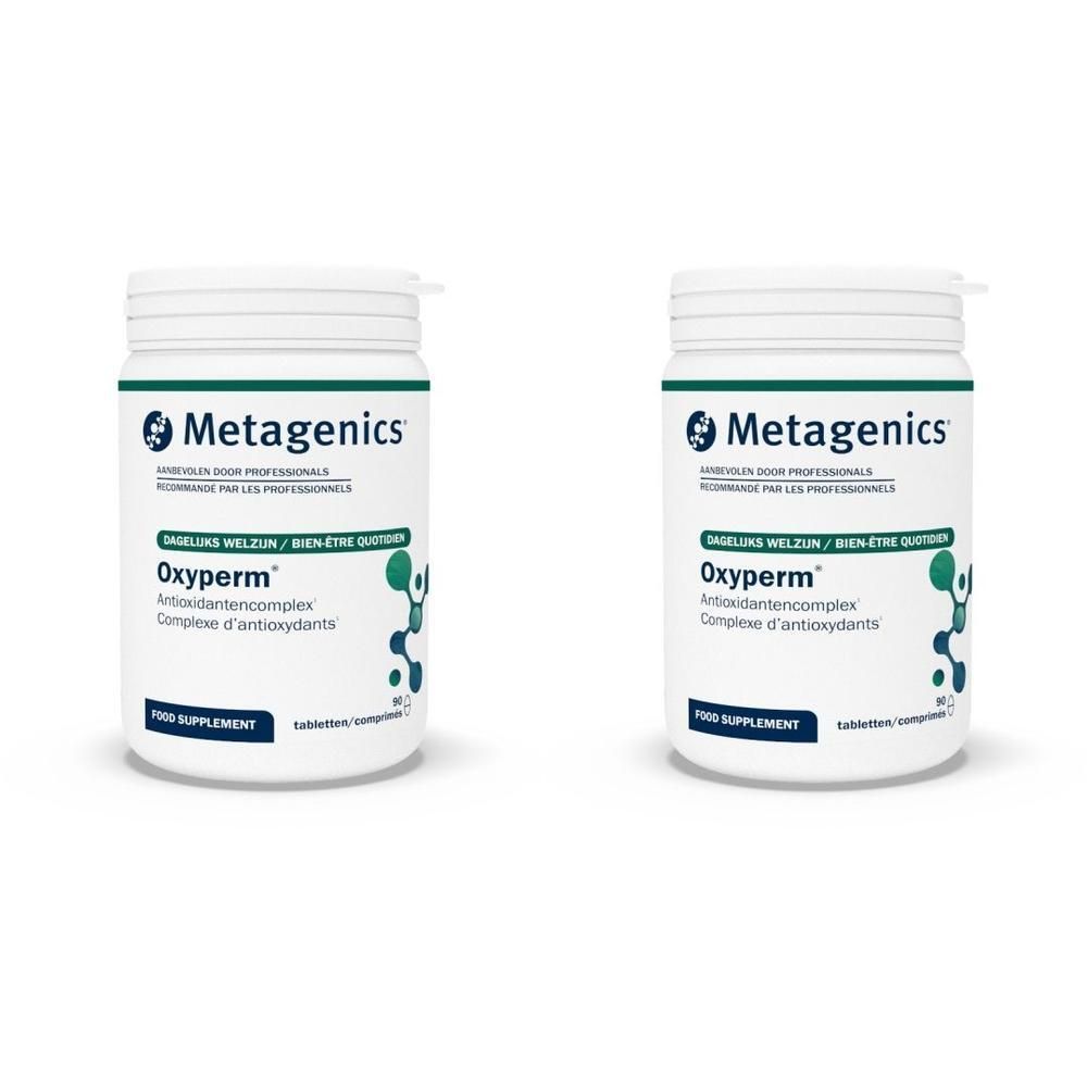Twee witte flessen met etiketten. Opschrift: Metagenics, Oxyperm, antioxidantcomplex. Witte schroefdoppen.