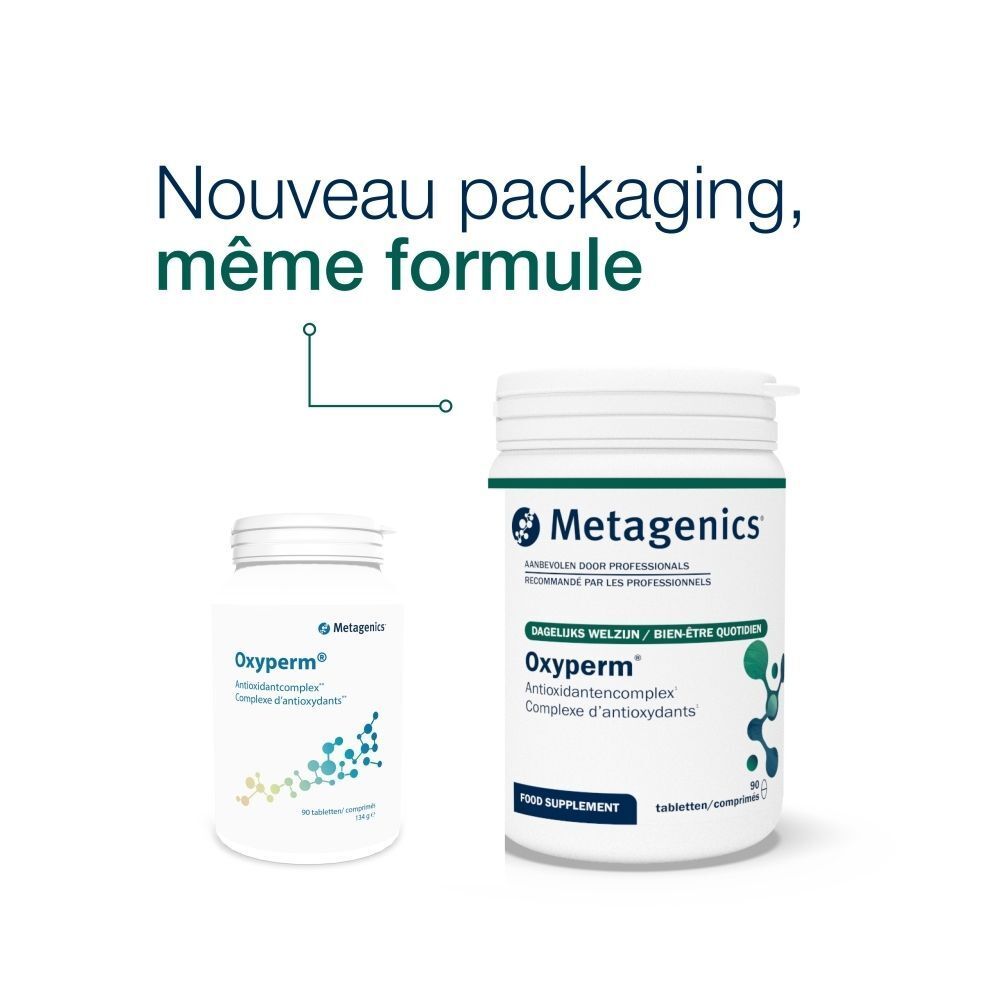 Deux flacons, un petit, un grand, avec étiquettes. Inscription : Metagenics, Oxyperm, complexe antioxydant. Texte : Nouveau packaging, même formule.