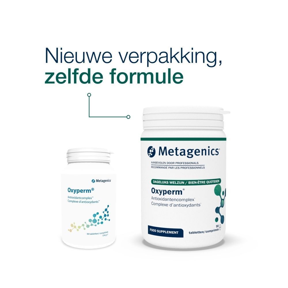 Twee flessen, een kleine, een grote, met etiketten. Opschrift: Metagenics, Oxyperm, antioxidantcomplex. Tekst: Nieuwe verpakking, zelfde formule.