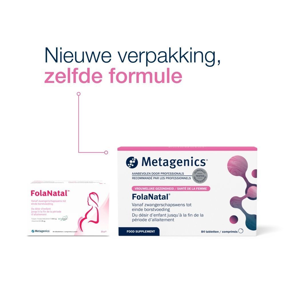 Twee verpakkingen voedingssupplementen. Roze en witte dozen met tekst en logo. 84 tabletten per doos.
