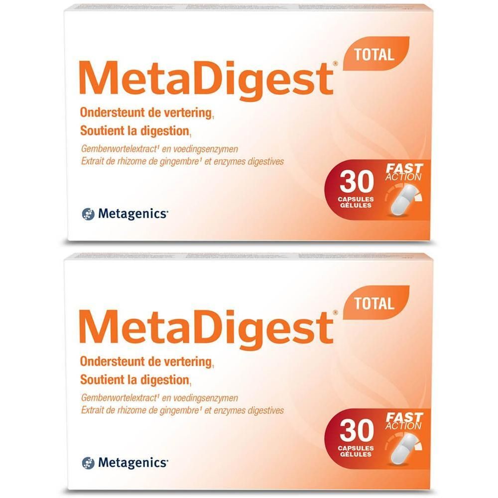 Twee dozen MetaDigest Total. Opschrift: MetaDigest, 30 capsules, Fast Action. Merk: Metagenics.