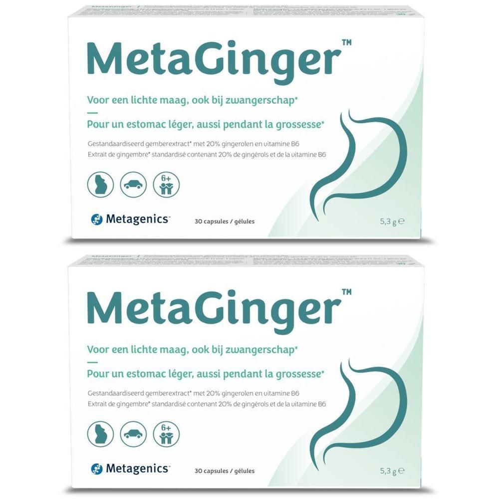 Twee dozen MetaGinger. Opschrift: Voor een lichte maag, ook bij zwangerschap. Bevat gemberextract en vitamine B6. Merk Metagenics.