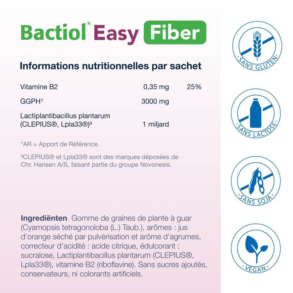 Informations nutritionnelles par sachet. Bactiol Easy Fiber. Sans gluten, lactose, soja, vegan.