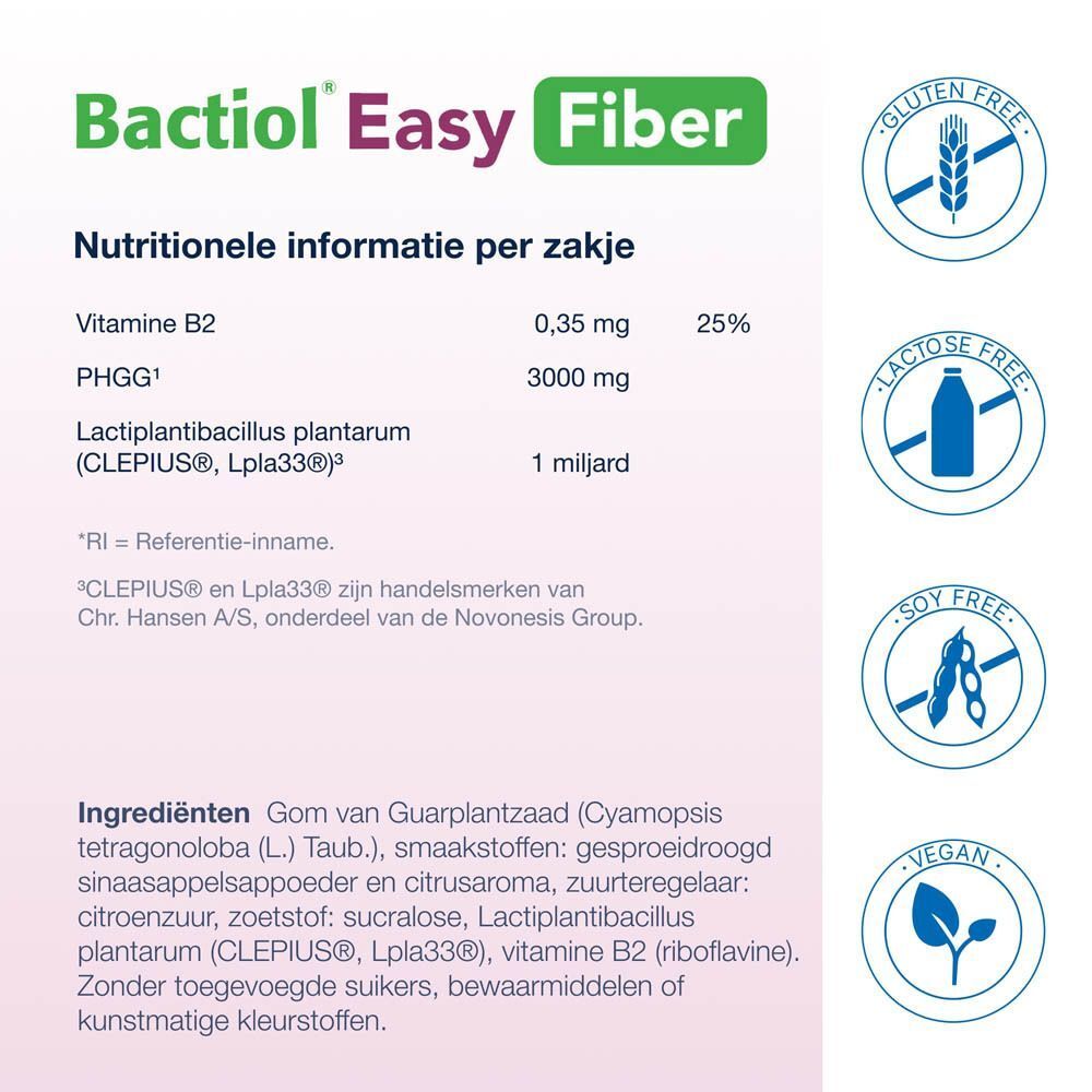 Voedingswaarde-informatie per zakje. Bactiol Easy Fiber. Glutenvrij, lactosevrij, sojavrij, vegan.