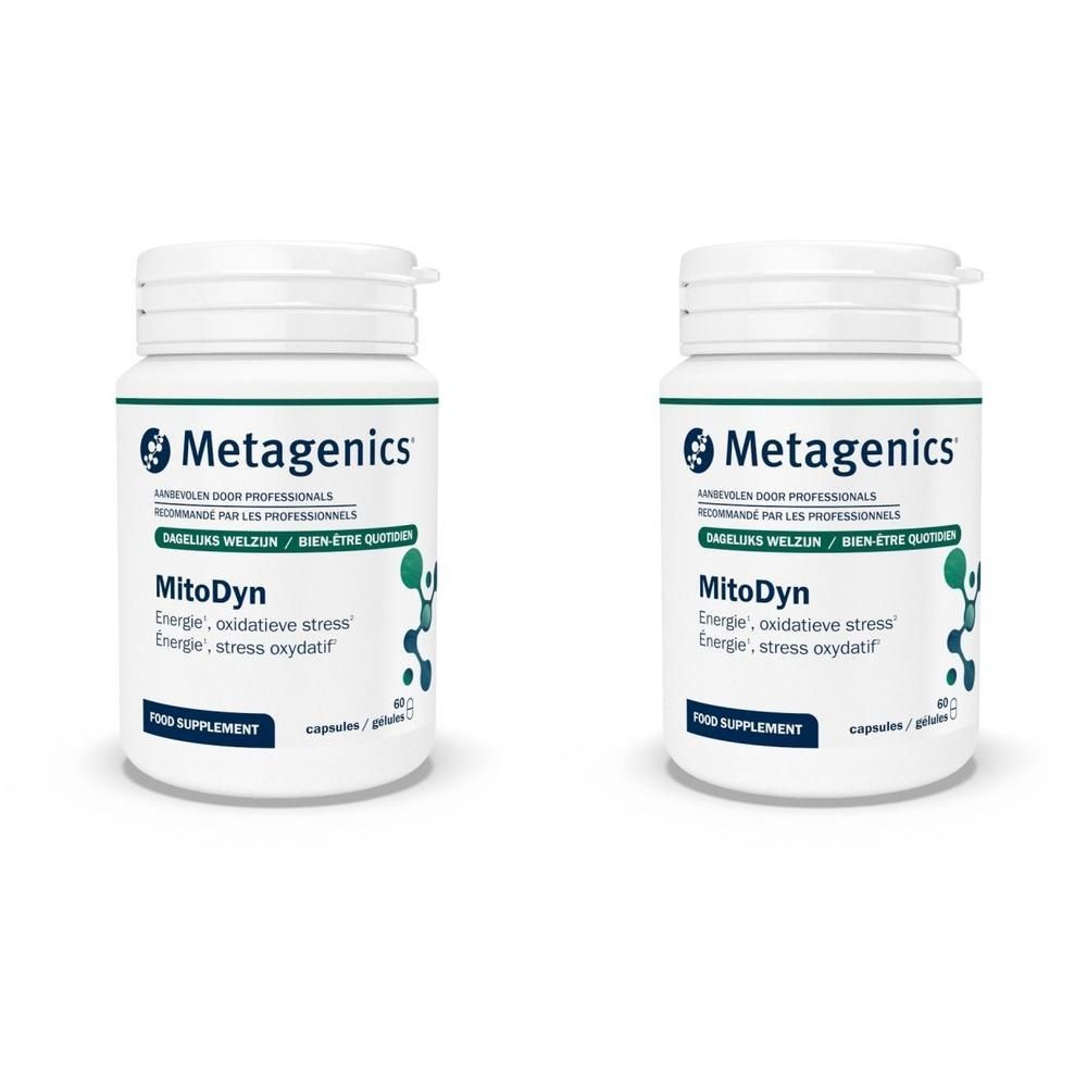 Deux flacons blancs avec l'étiquette Metagenics MitoDyn. Inscription: Énergie, stress oxydatif. Capsules.