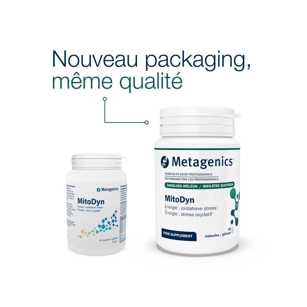 Comparaison d'emballages: un petit et un grand flacon blanc Metagenics MitoDyn. Texte: Nouveau packaging, même qualité.