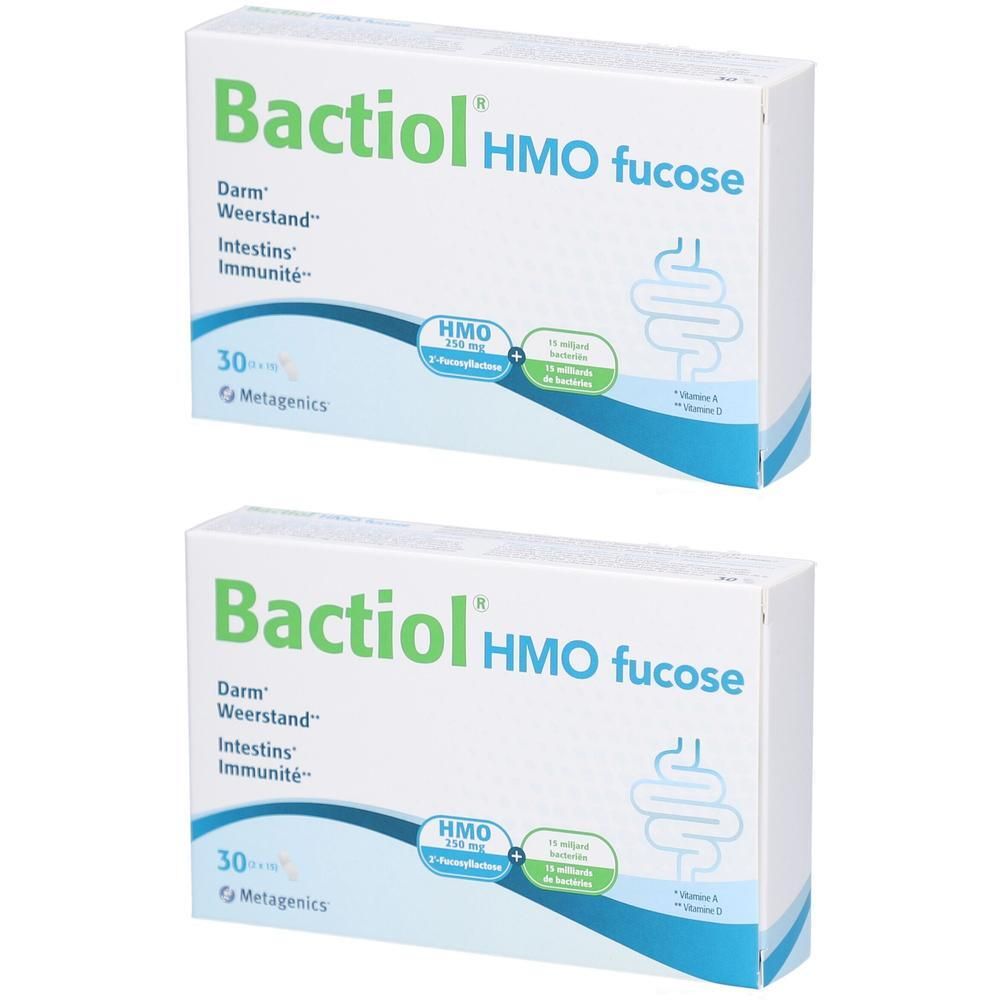 Deux boîtes blanches avec Bactiol HMO fucose. Inscriptions : Darm, Weerstand, Intestins, Immunité. 30 comprimés. Marque Metagenics.
