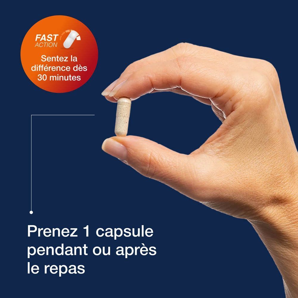 Main tenant une gélule. Inscription: Prenez 1 capsule pendant ou après le repas. Cercle orange avec texte: Fast Action.