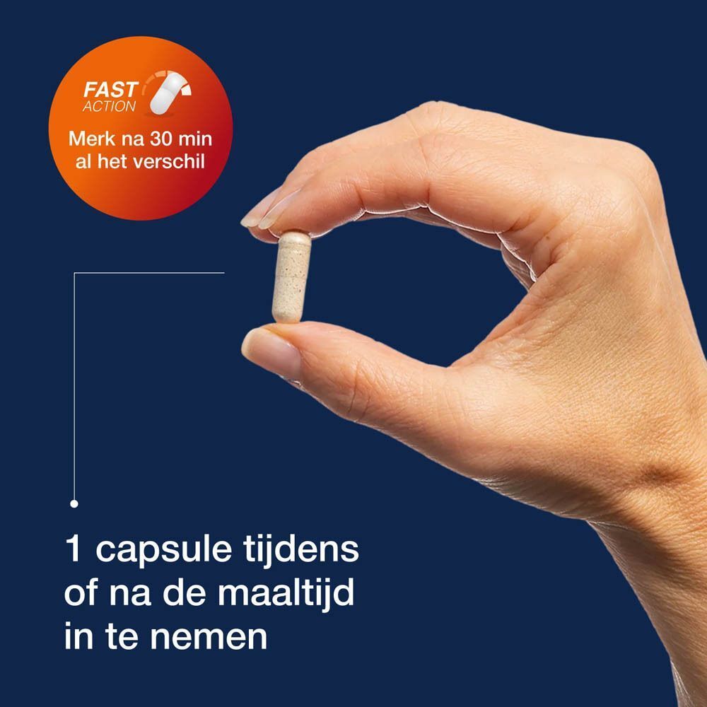 Hand die een capsule vasthoudt. Tekst: 1 capsule tijdens of na de maaltijd in te nemen. Oranje cirkel met tekst: Fast Action.